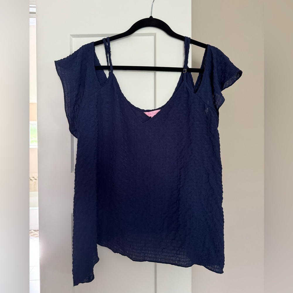 LILLY PULITZER ARUNA OFF SHOULDER NAVY TOP SIZE L EUC